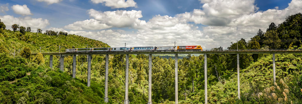 Riding high on the Hapuawhenua Viaduct as the Northern Explorer train heads from Wellington to Auckland