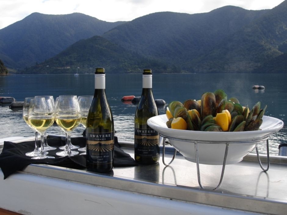 Wine and mussels in Marlborough Sounds