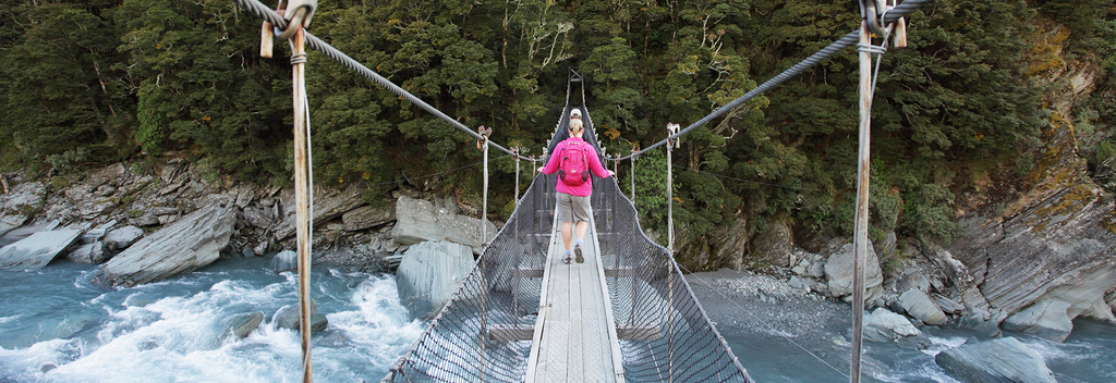 罗布罗伊冰川步道上的一座吊桥。